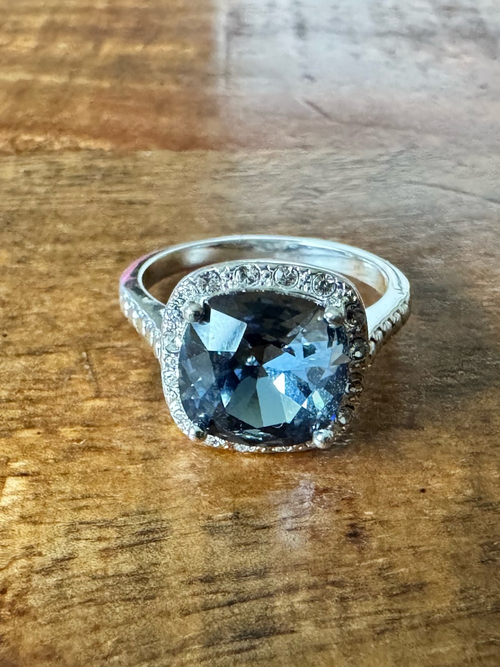 Silver-Tone Cushion-Cut Blue Stone Halo Ring